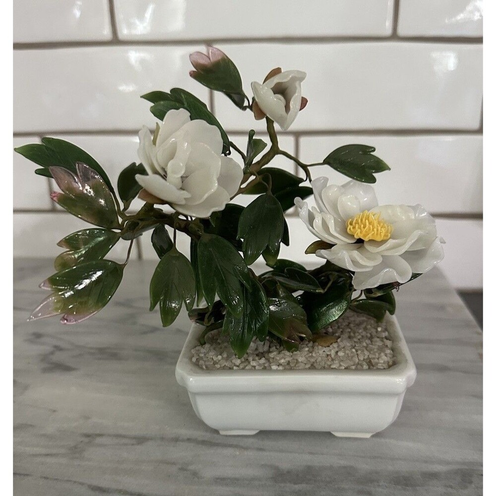Vintage Glass Jade Chrysanthemum Mum Jade Bonsai Tree White Pot Gump's Japan
